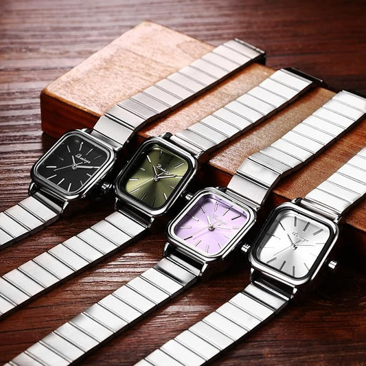 Women’s Minimalist Square Quartz Watch with Stainless Steel Expansion Band