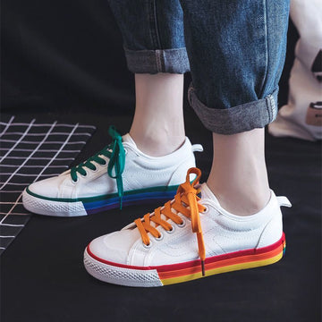 Women's Rainbow Sole Canvas Sneakers – 2026 Korean Style Mismatched Trainers