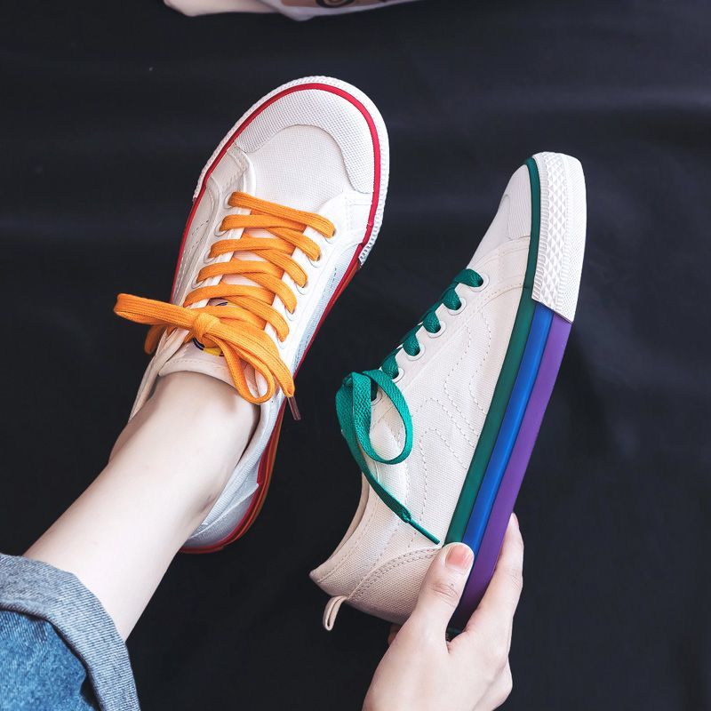 Women's Rainbow Sole Canvas Sneakers – 2026 Korean Style Mismatched Trainers