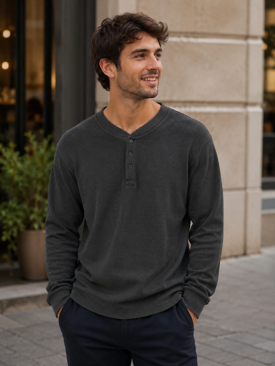 Men's olive green ribbed knit henley shirt