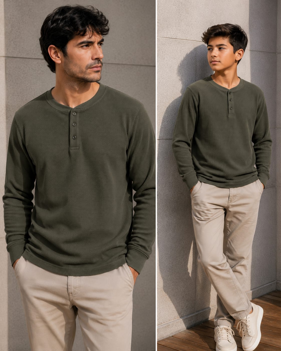 Men's charcoal grey ribbed knit henley shirt