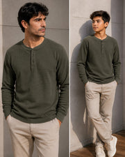 Men's charcoal grey ribbed knit henley shirt