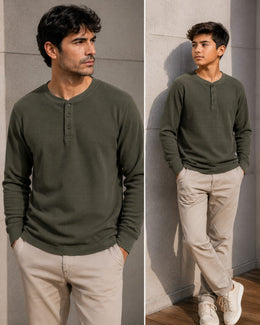 Men's charcoal grey ribbed knit henley shirt