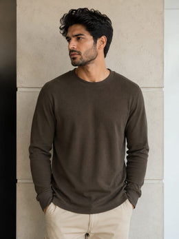 Men's camel ribbed knit henley shirt