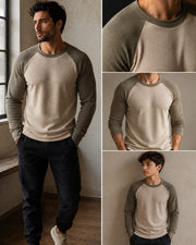 Men's beige and grey two-tone raglan ribbed knit shirt
