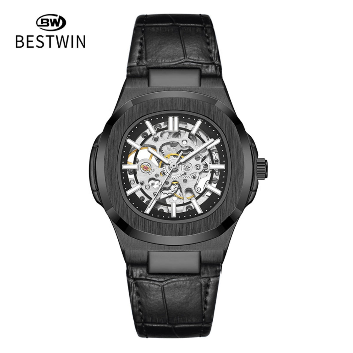 BESTWIN skeleton automatic men's watch in black with black leather strap