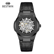 BESTWIN skeleton automatic men's watch in black with black leather strap