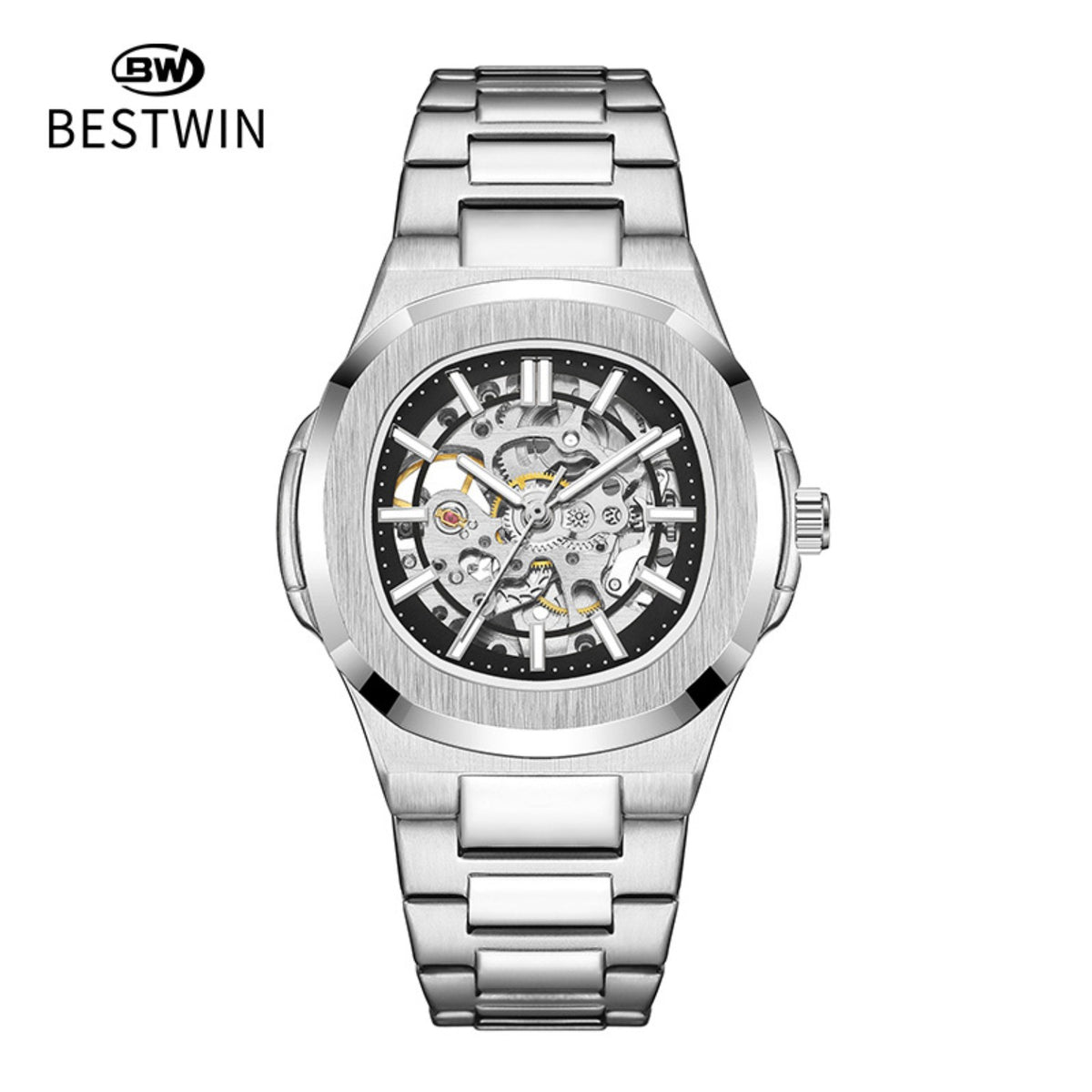 BESTWIN skeleton automatic men's watch in silver with black dial ring
