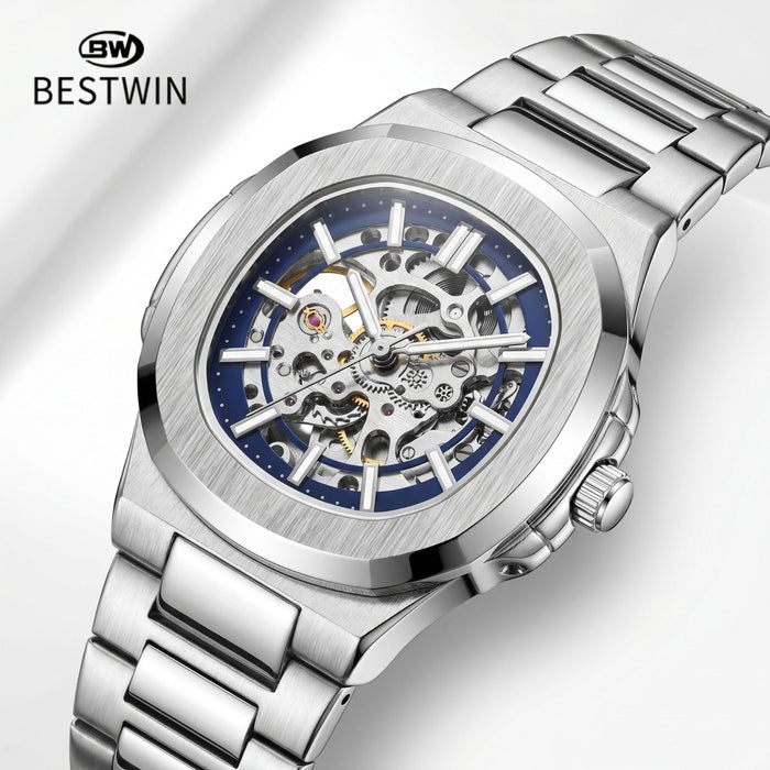 BESTWIN silver skeleton automatic mechanical men's watch with metal bracelet