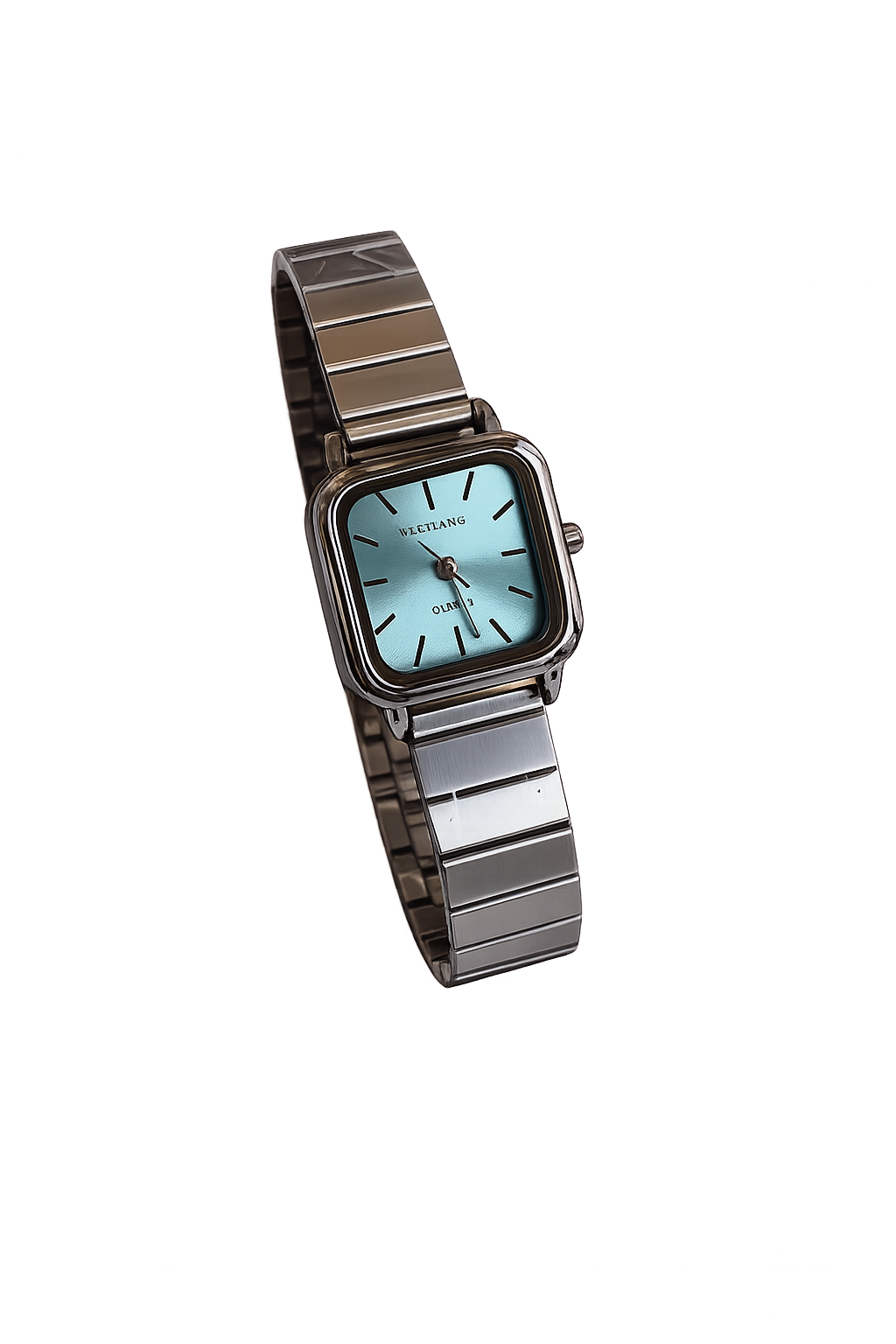 Square silver wristwatch with a light blue dial