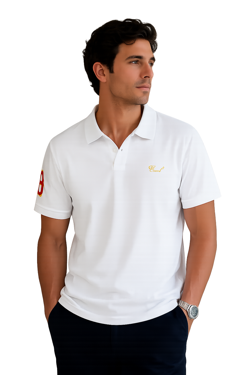 Man wearing a white polo shirt and wristwatch