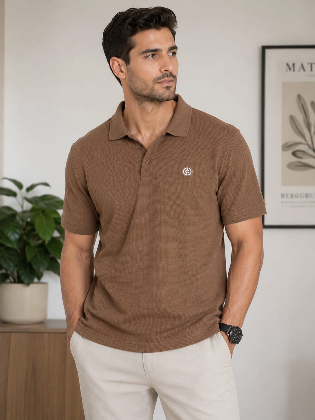Men wearing a brown textured short sleeve polo shirt