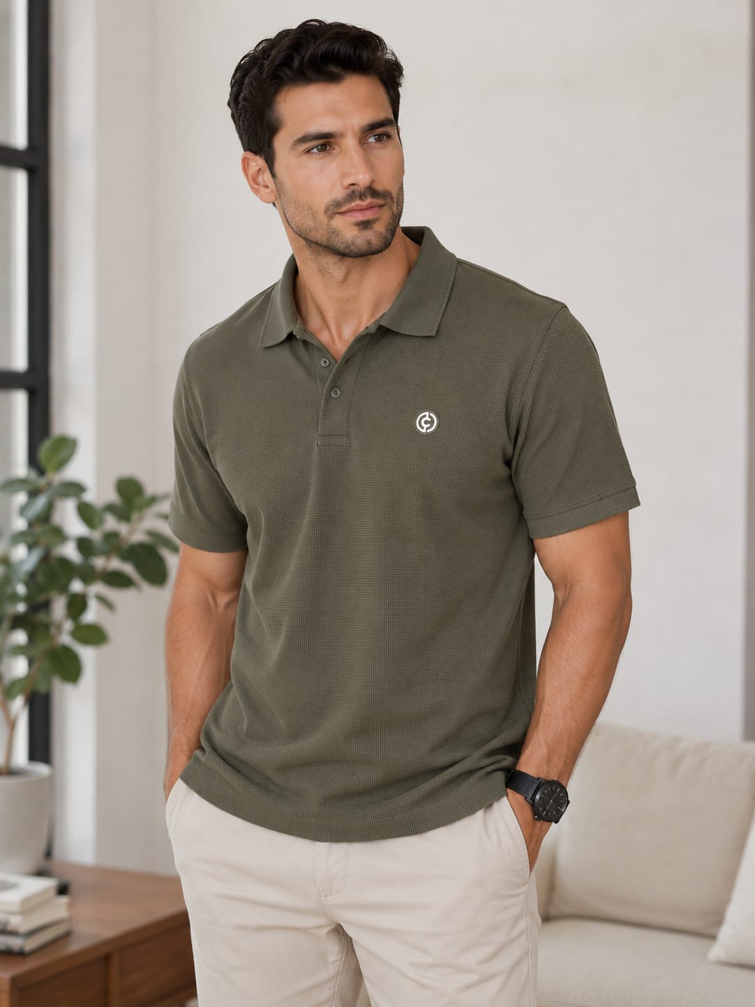 Men wearing an olive green textured short sleeve polo shirt