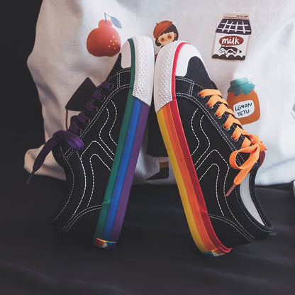 Women's Rainbow Sole Canvas Sneakers – 2026 Korean Style Mismatched Trainers