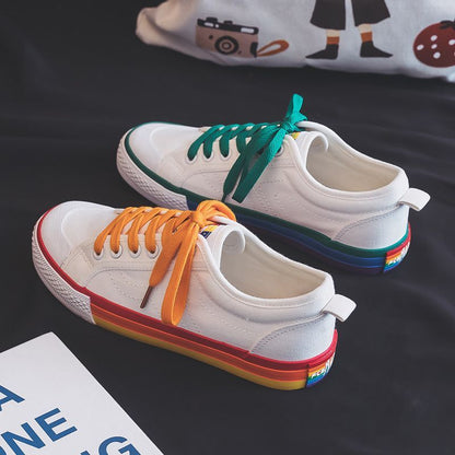 Women's Rainbow Sole Canvas Sneakers – 2026 Korean Style Mismatched Trainers