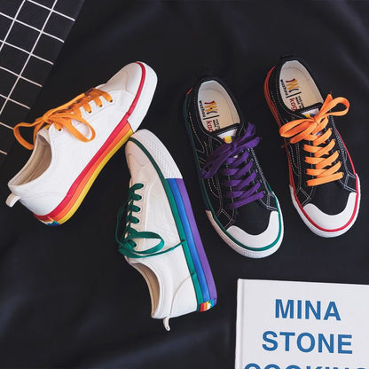 Women's Rainbow Sole Canvas Sneakers – 2026 Korean Style Mismatched Trainers