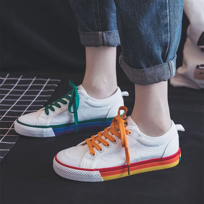 Women's Rainbow Sole Canvas Sneakers – 2026 Korean Style Mismatched Trainers