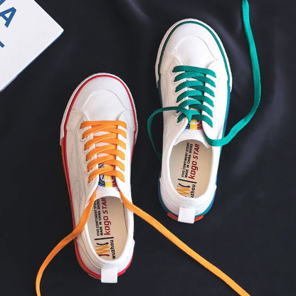 Women's Rainbow Sole Canvas Sneakers – 2026 Korean Style Mismatched Trainers