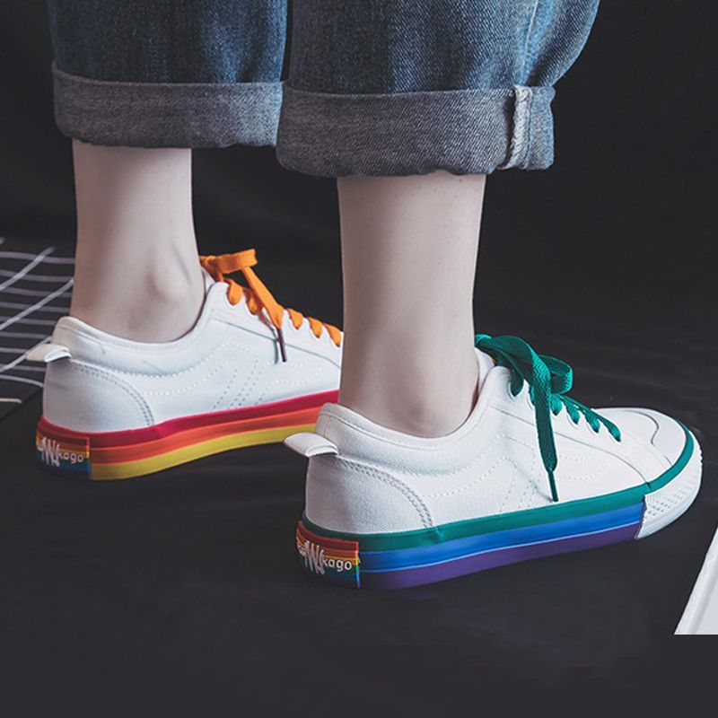 Women's Rainbow Sole Canvas Sneakers – 2026 Korean Style Mismatched Trainers