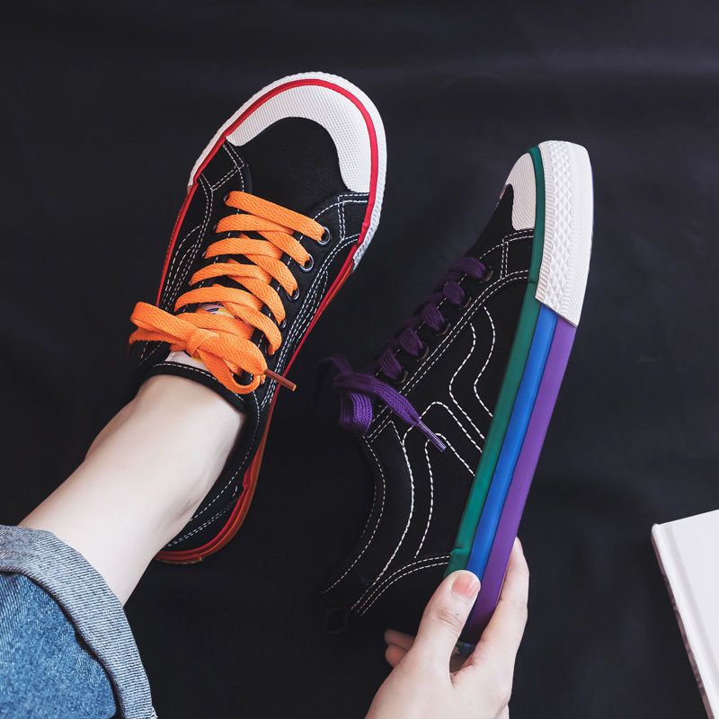 Women's Rainbow Sole Canvas Sneakers – 2026 Korean Style Mismatched Trainers