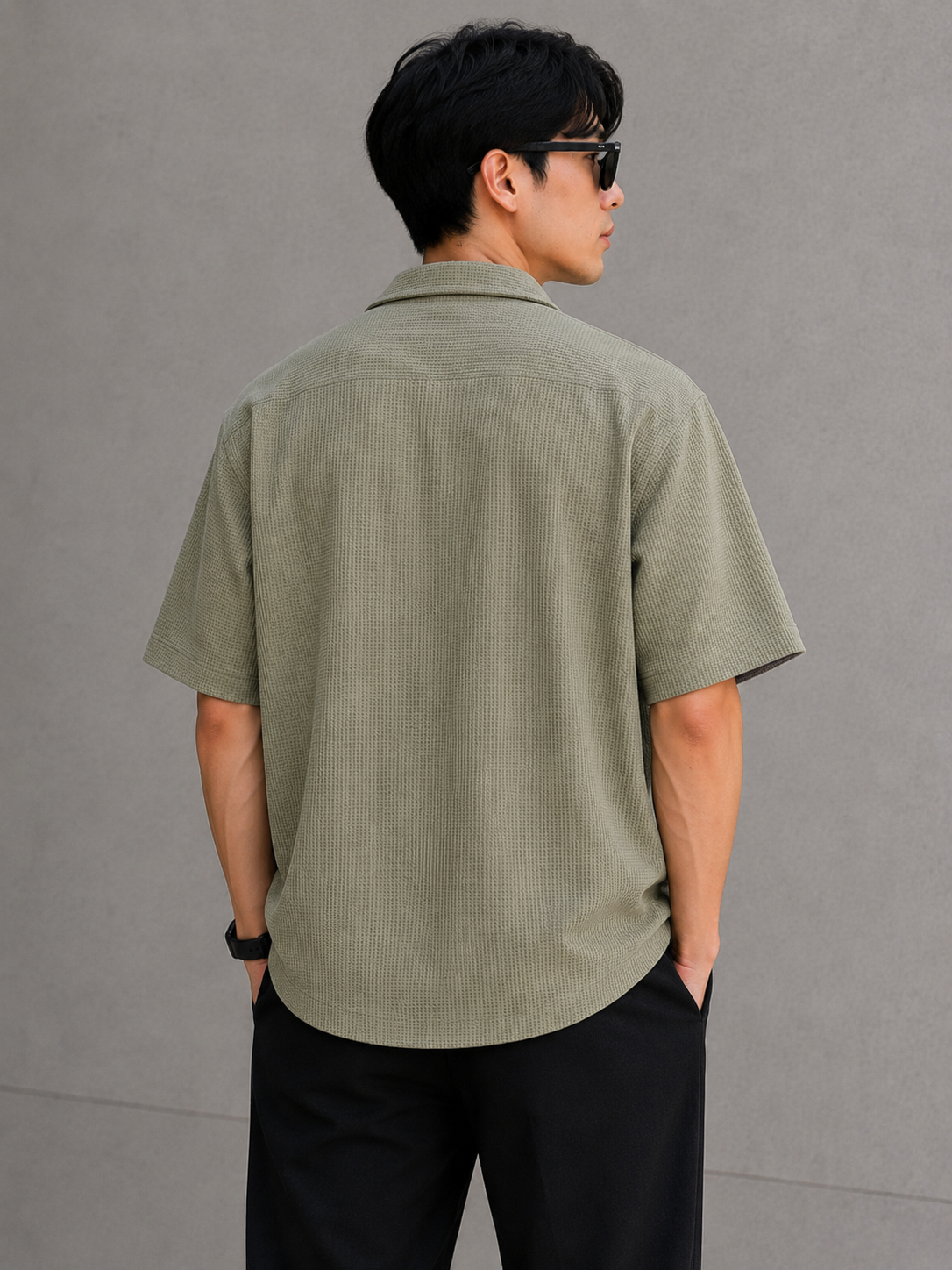 Men's sage green textured waffle knit short sleeve shirt back view
