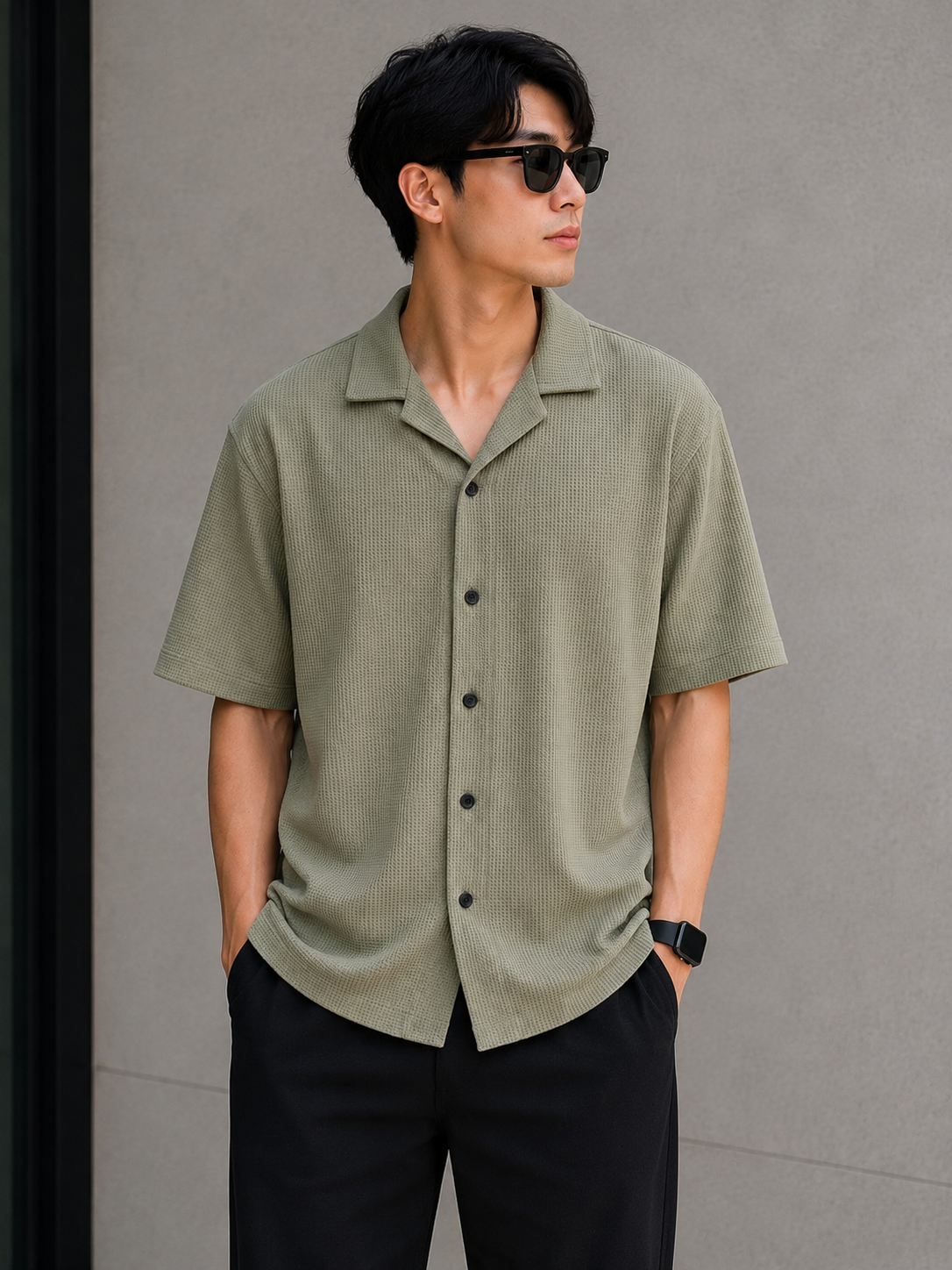 Men's sage green textured waffle knit short sleeve shirt front view