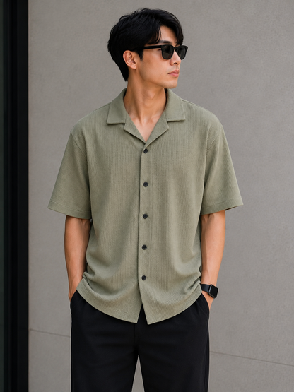 Men's sage green textured waffle knit short sleeve shirt front view