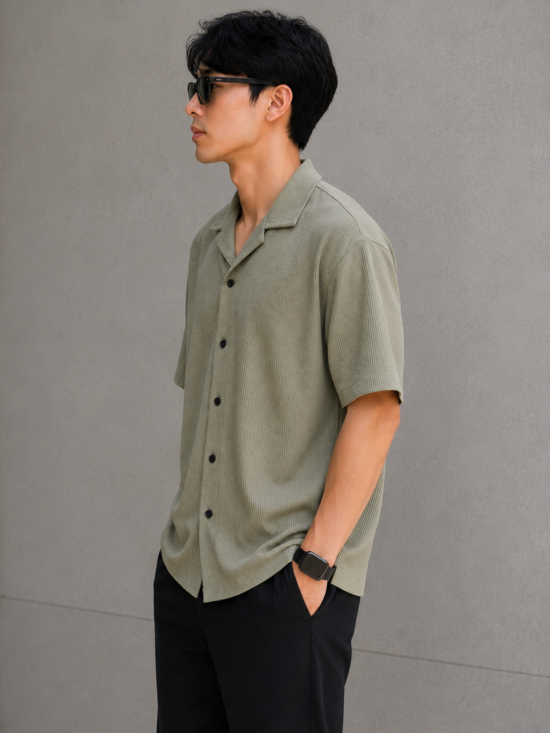 Men's sage green textured waffle knit short sleeve shirt side view