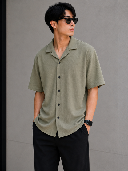Men's sage green textured waffle knit short sleeve shirt three-quarter view