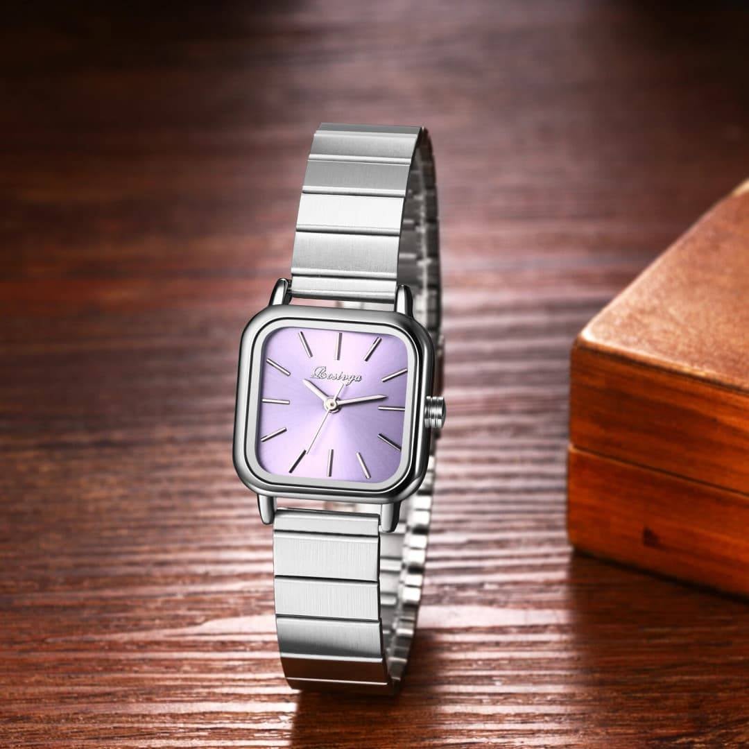 Women’s Minimalist Square Quartz Watch with Stainless Steel Expansion Band