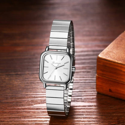 Women’s Minimalist Square Quartz Watch with Stainless Steel Expansion Band