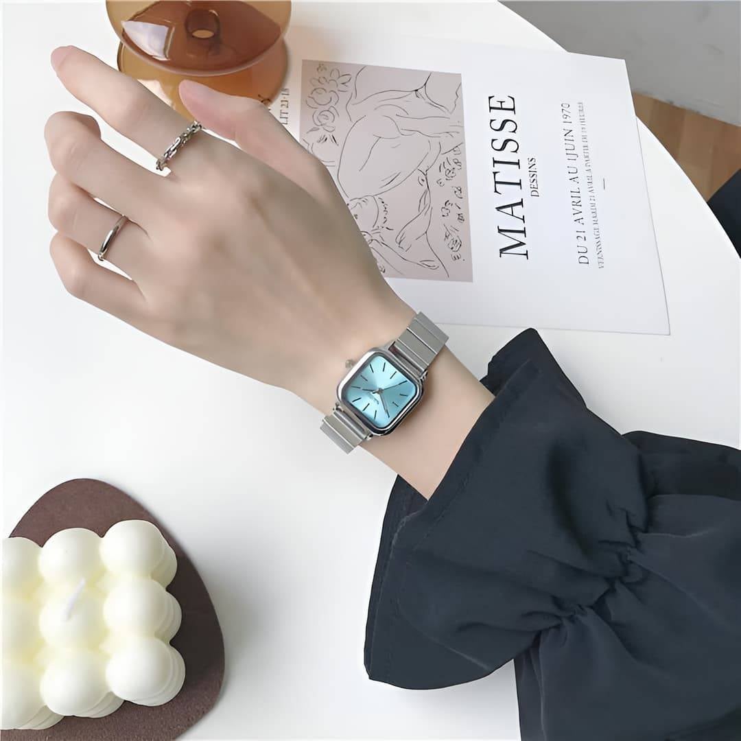 Women’s Minimalist Square Quartz Watch with Stainless Steel Expansion Band