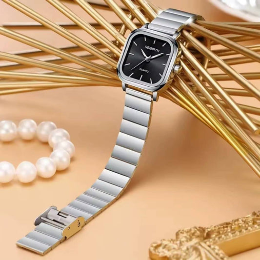 Women’s Minimalist Square Quartz Watch with Stainless Steel Expansion Band
